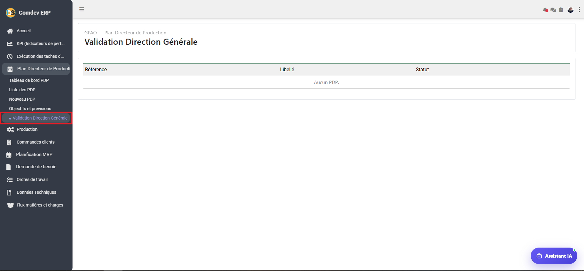 Interface Validation Direction Generale PDP Comdev ERP