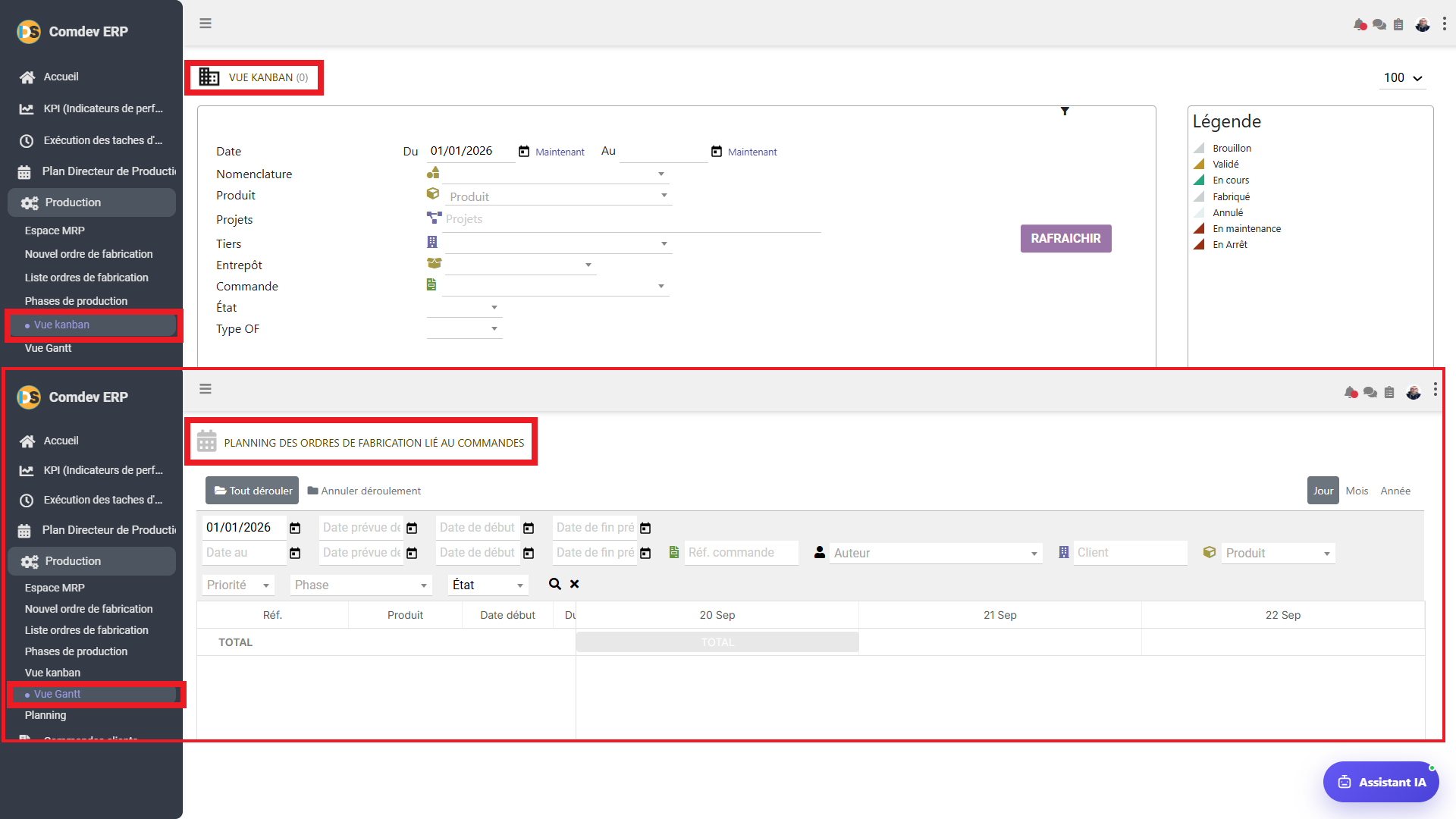 Interface Vue Kanban et Vue Gantt Comdev ERP