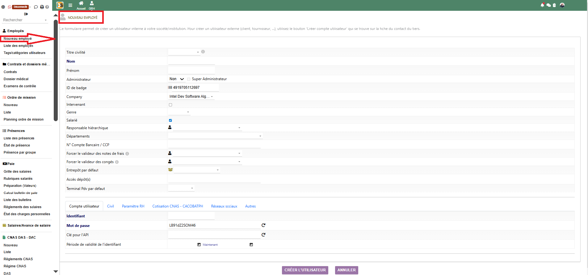 Interface Nouvel employé GRH