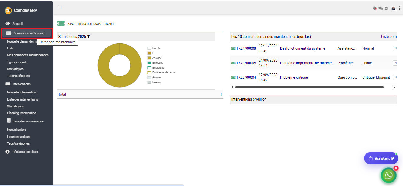 Interface Espace Demande de Maintenance dans le module Intervention sous Comdev ERP