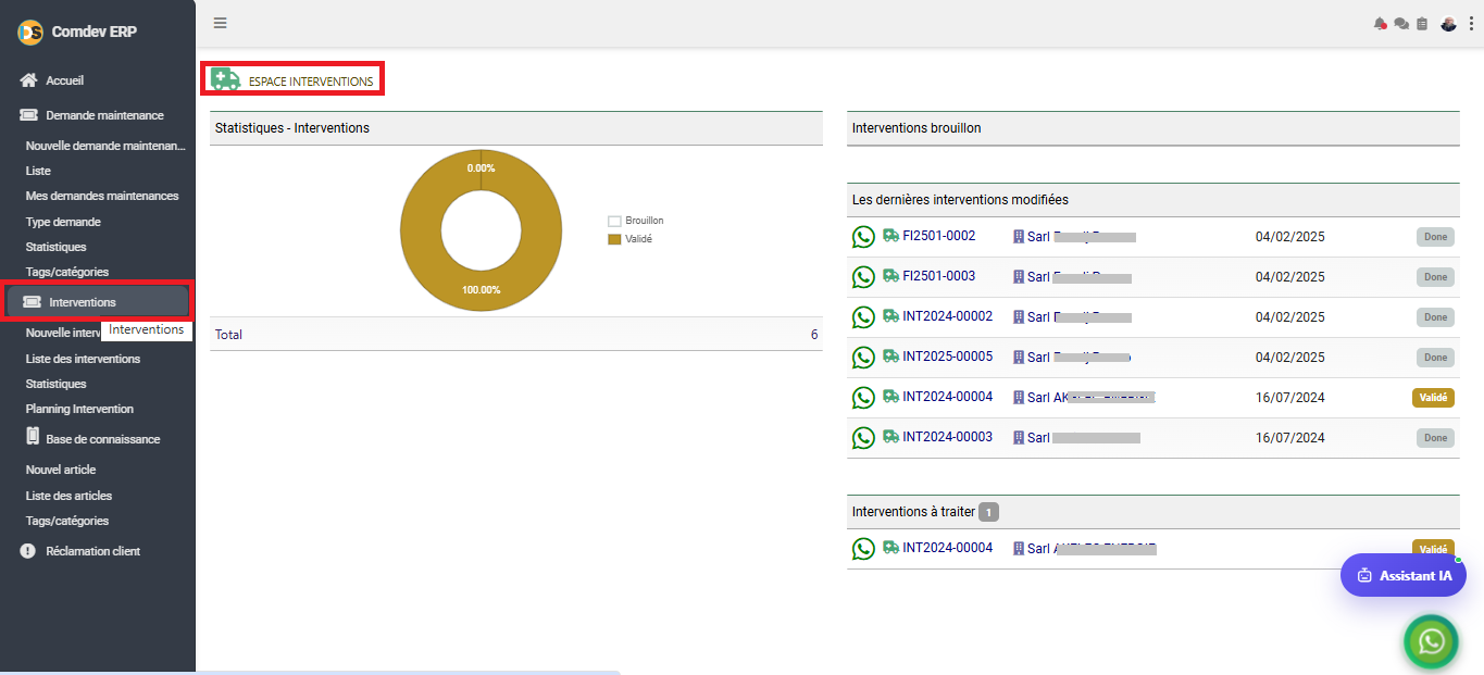 Interface Espace Interventions dans le module Intervention sous Comdev ERP