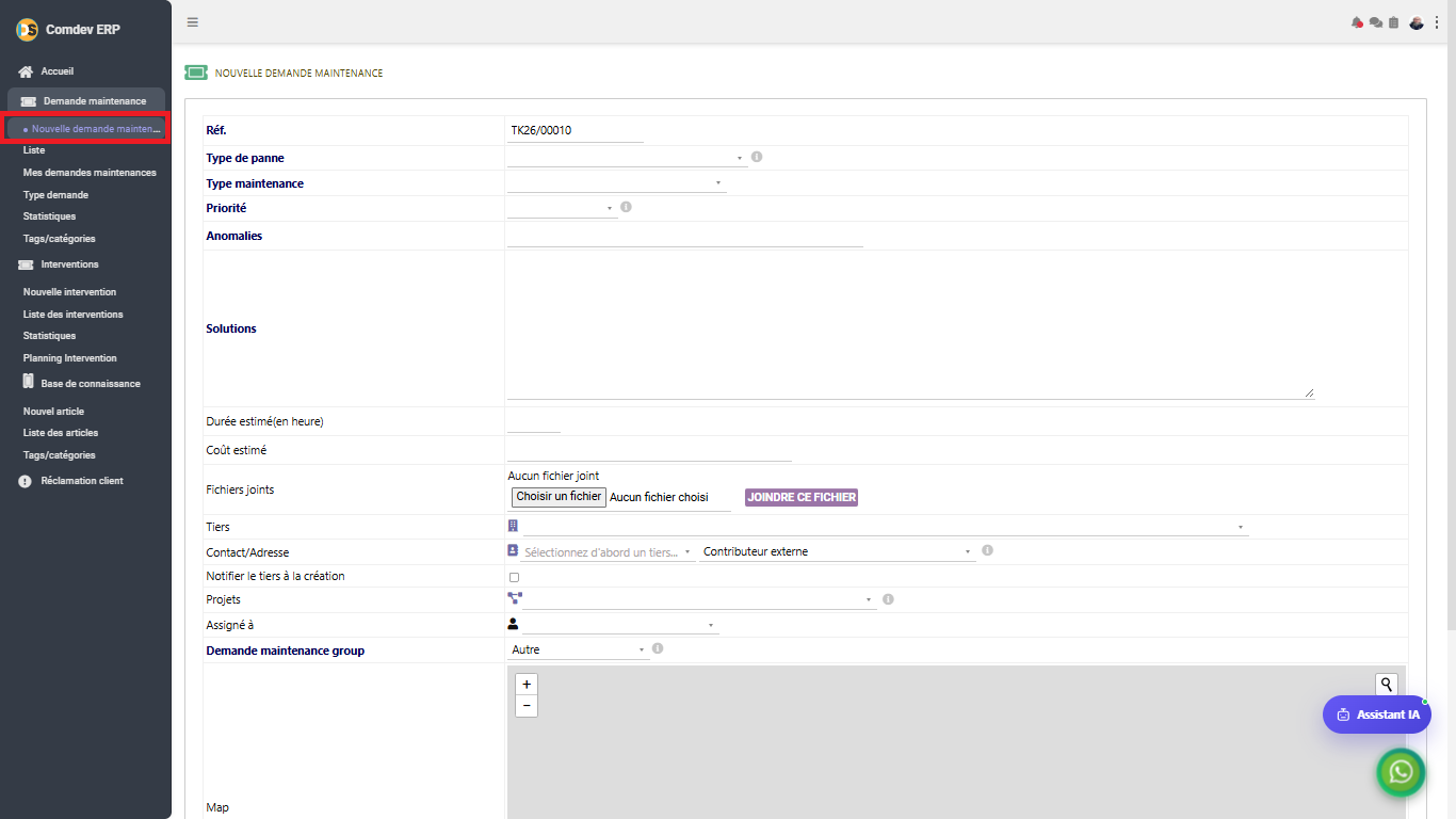Interface Nouvelle demande maintenance dans le module Intervention sous Comdev ERP