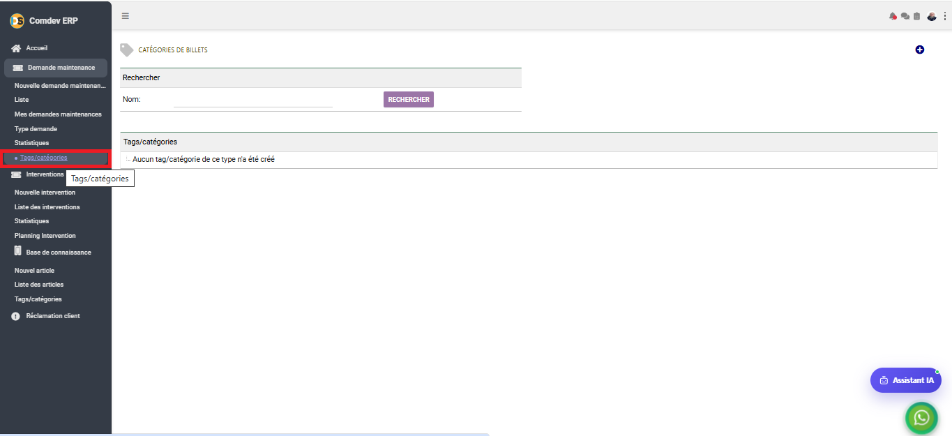 Interface Tags et Catégories de billets dans le module Intervention sous Comdev ERP