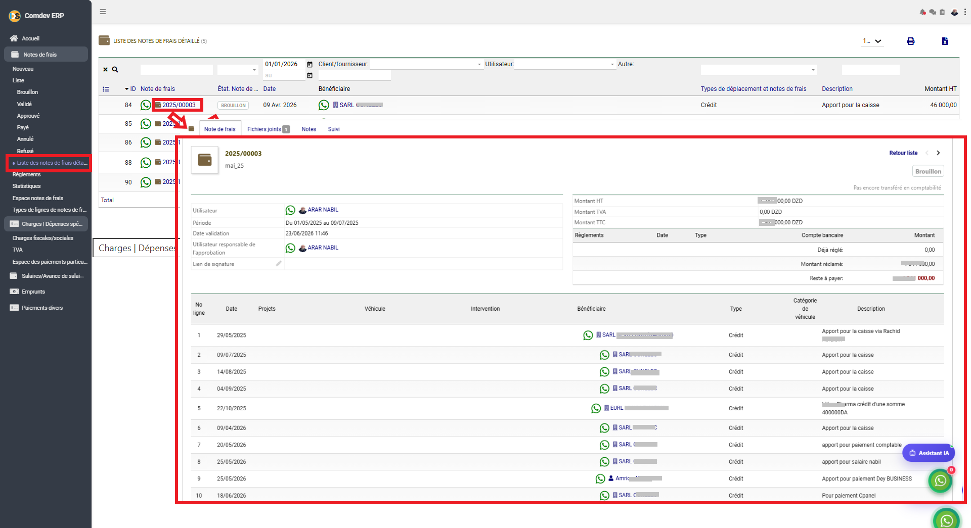 Interface Liste détaillée et Fiche Note de Frais dans Comdev ERP