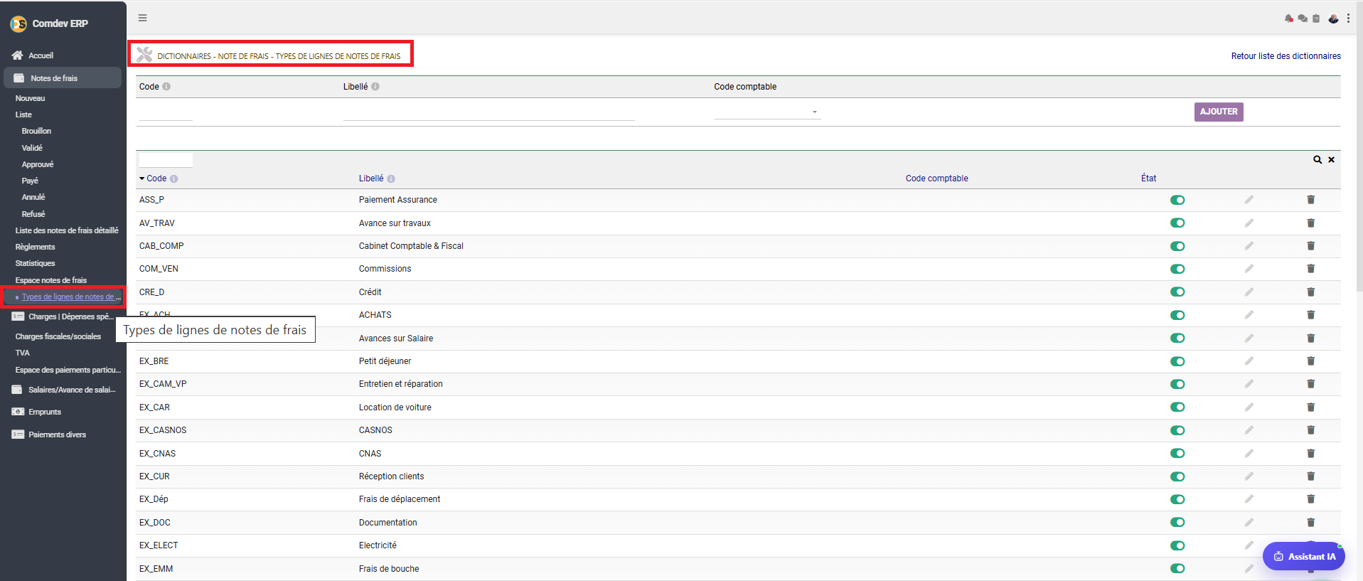 Interface Types de Lignes de Notes de Frais dans Comdev ERP