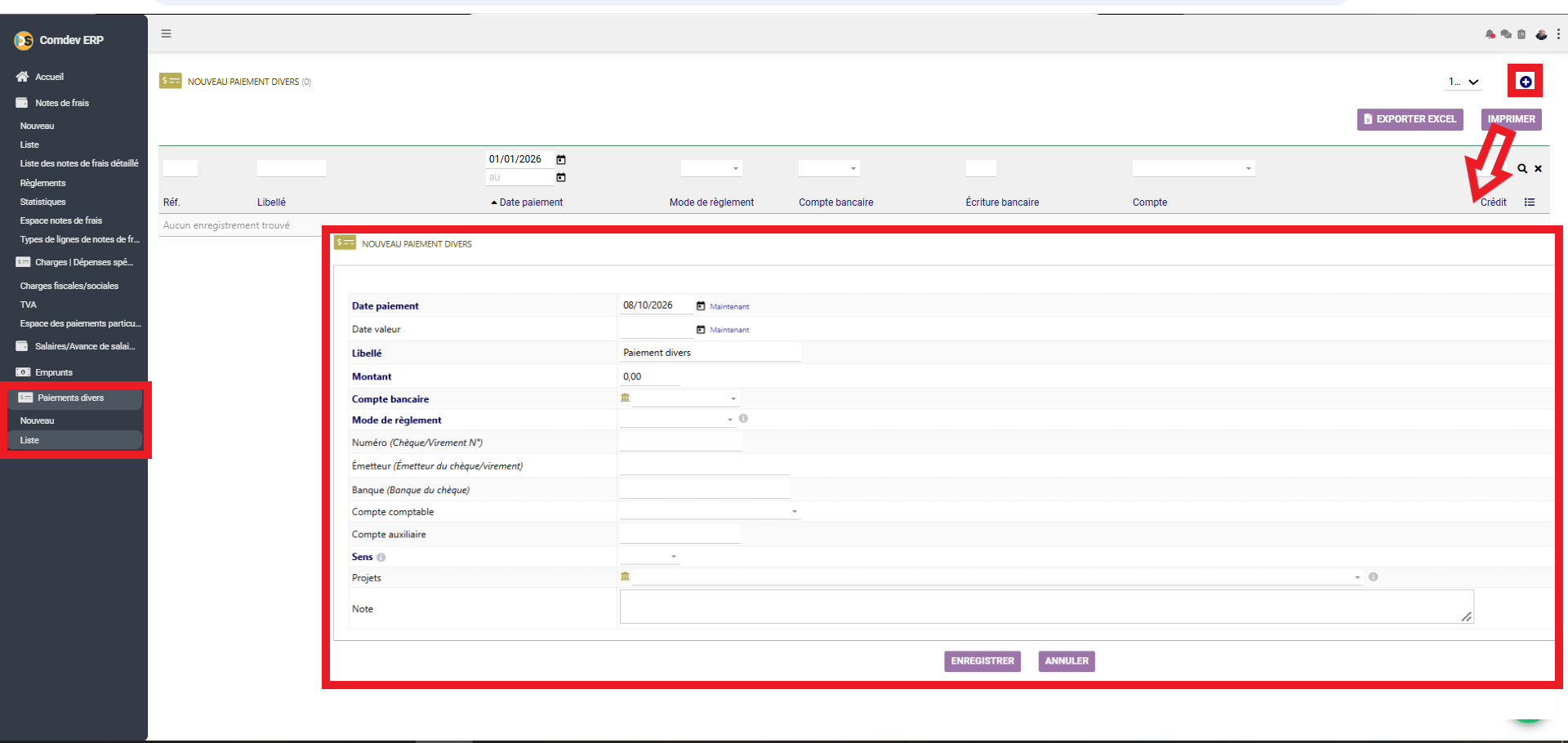 Interface Paiements divers dans Comdev ERP