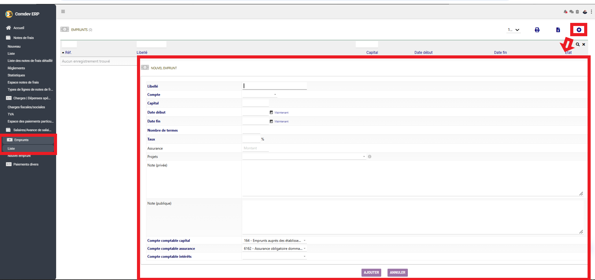 Interface Emprunts dans Comdev ERP