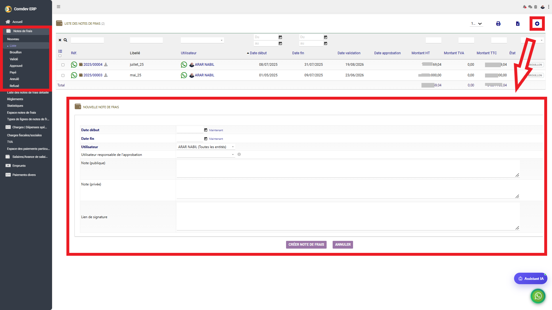 Interface Liste et Nouvelle Note de Frais dans Comdev ERP