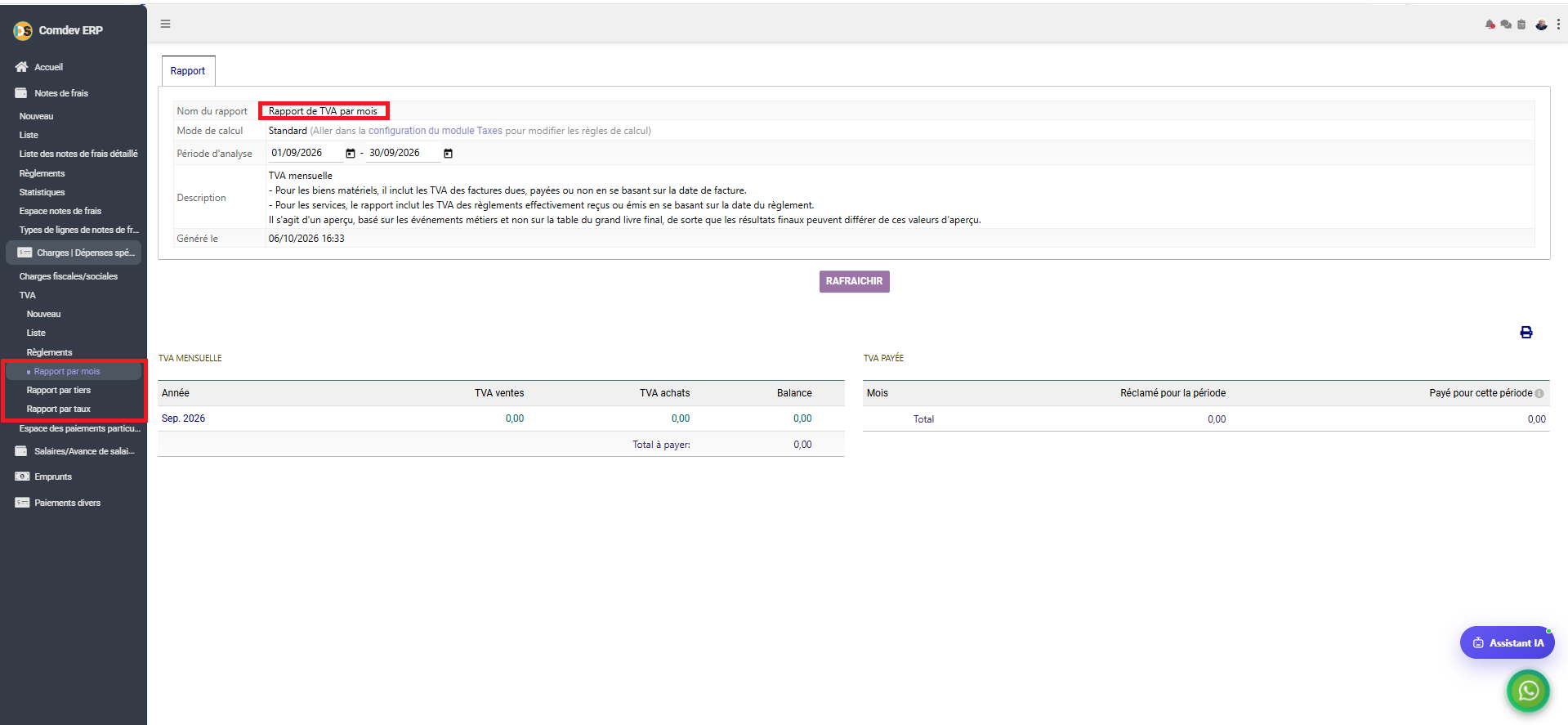 Interface Rapport de TVA par mois dans Comdev ERP