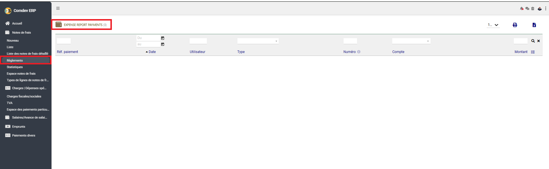 Interface Règlements des Notes de Frais dans Comdev ERP
