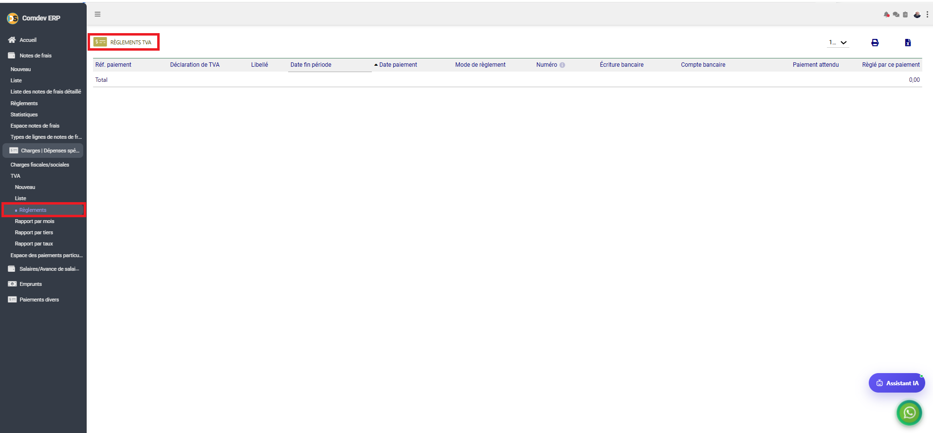 Interface Règlements TVA dans Comdev ERP