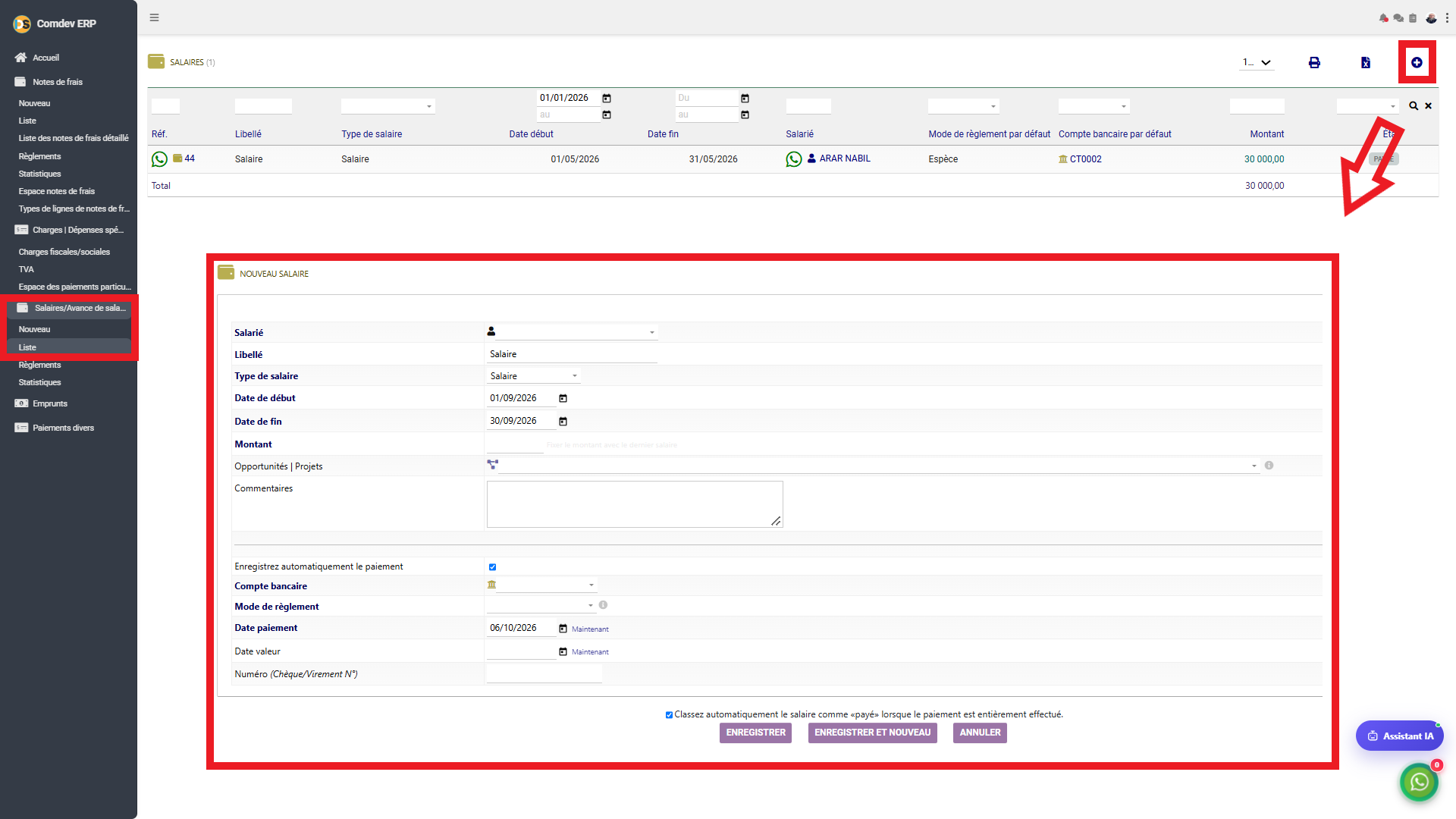 Interface Salaires et Avances de salaire dans Comdev ERP