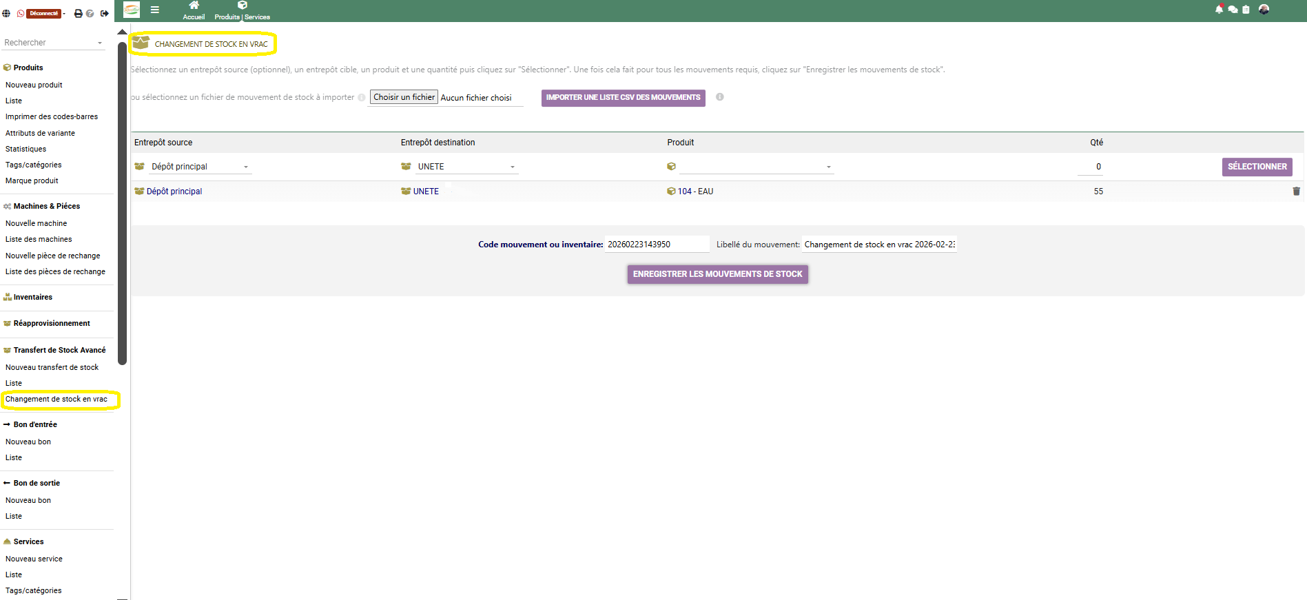 Changement de stock en vrac - ComDev ERP