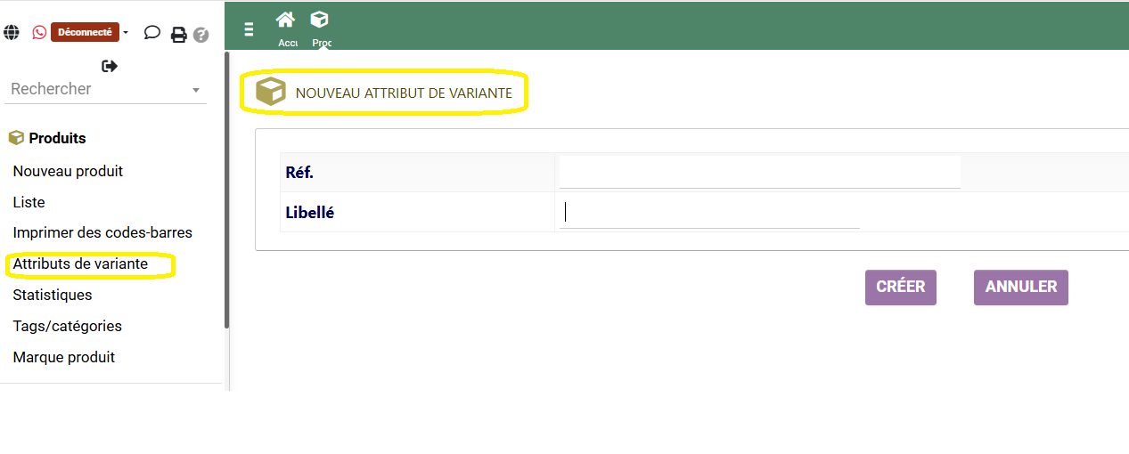 Création attribut de variante - Comdev ERP