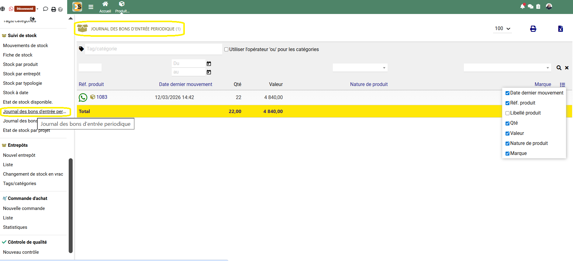Journal des bons d'entrée périodique
