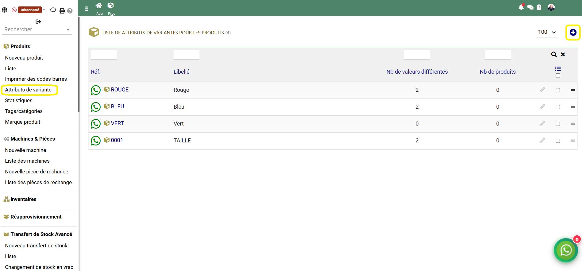 Liste des attributs de variantes - Comdev ERP