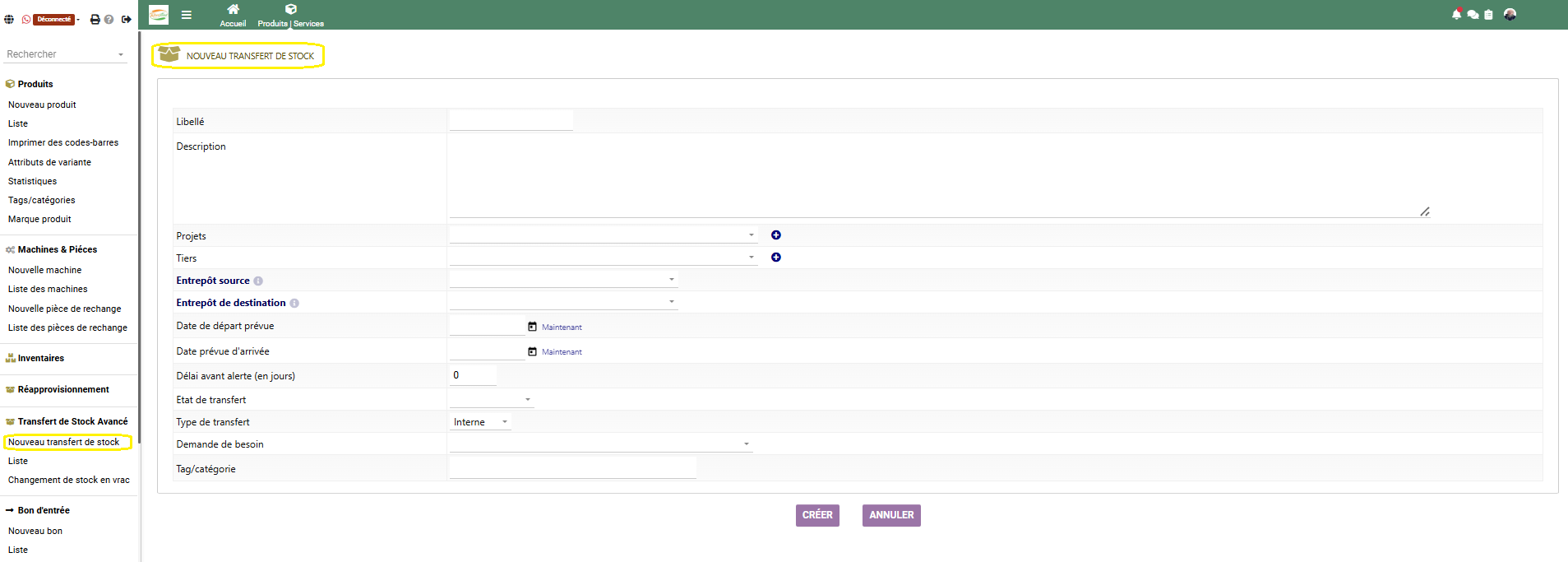 Nouveau transfert de stock - ComDev ERP