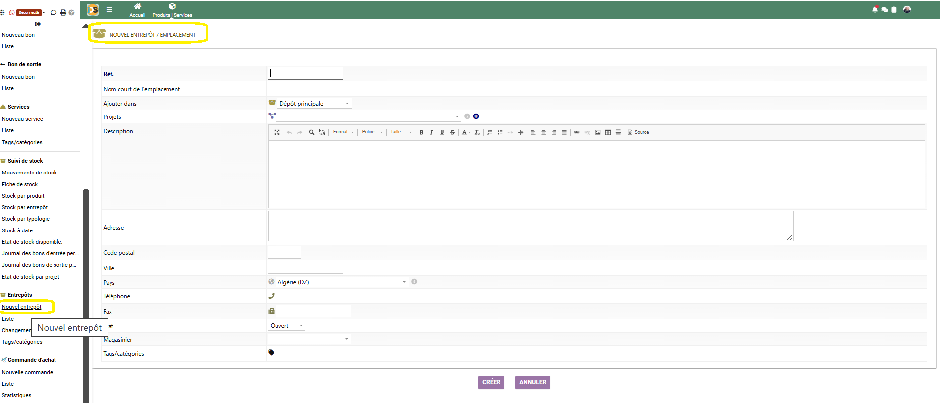 Création nouvel entrepôt