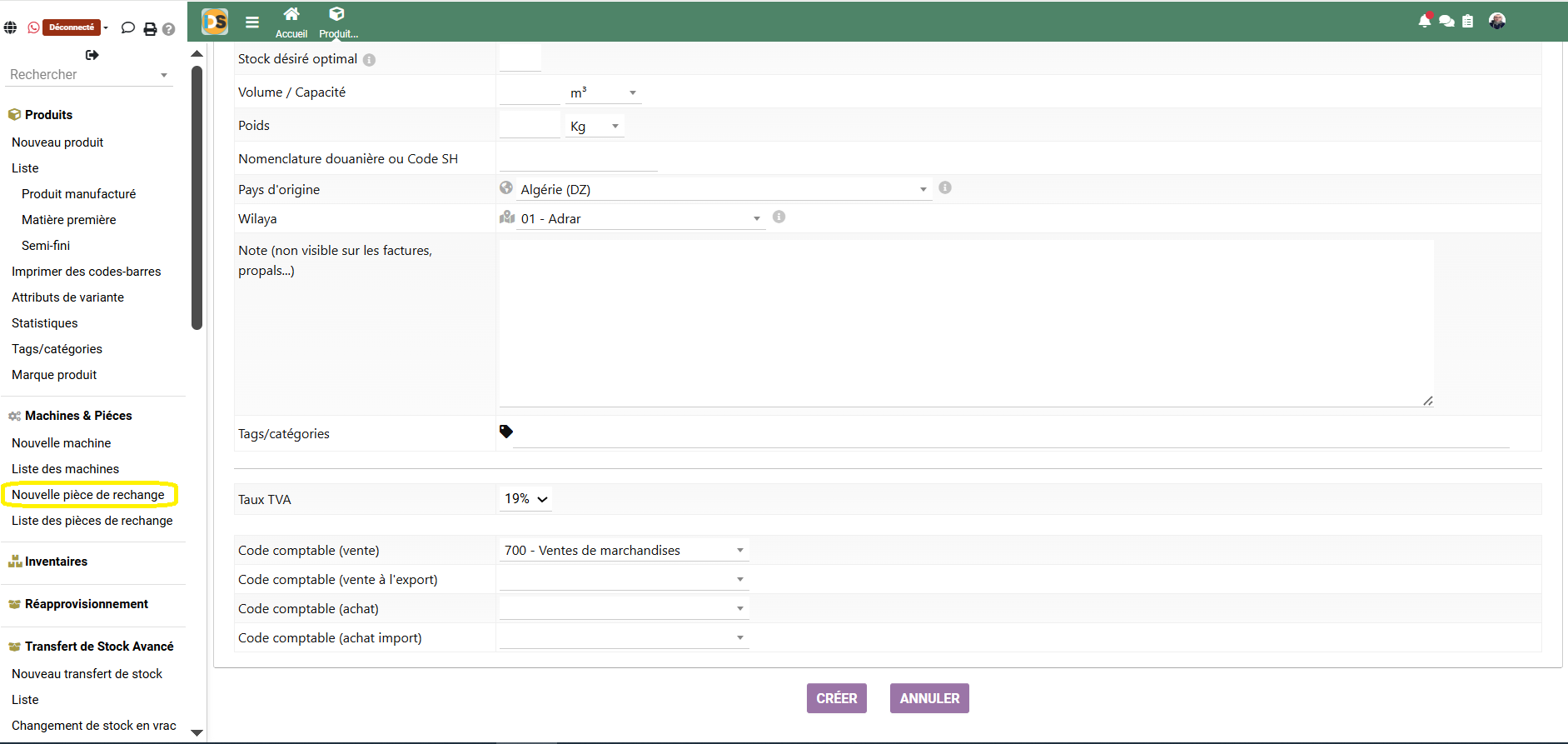 Création nouvelle pièce de rechange - Comdev ERP