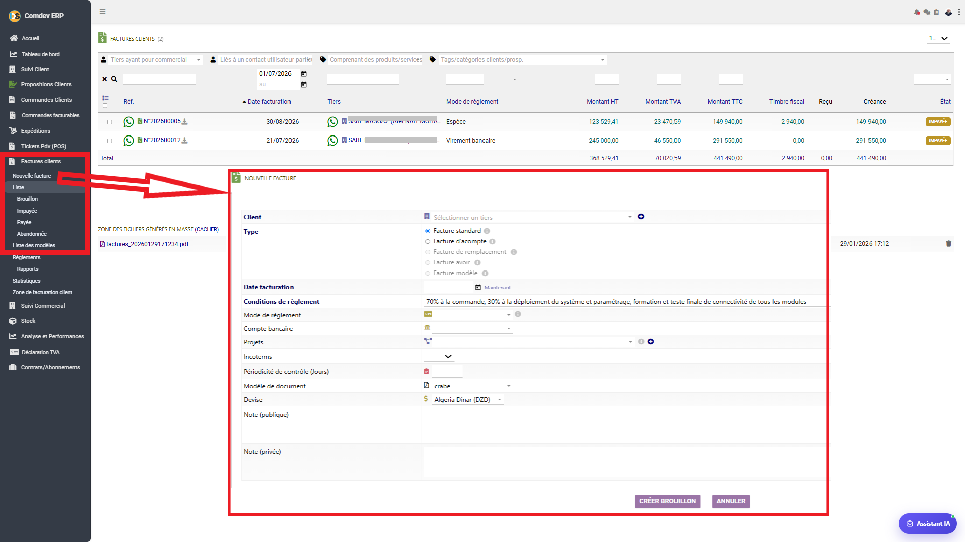 Interface Factures clients Comdev ERP