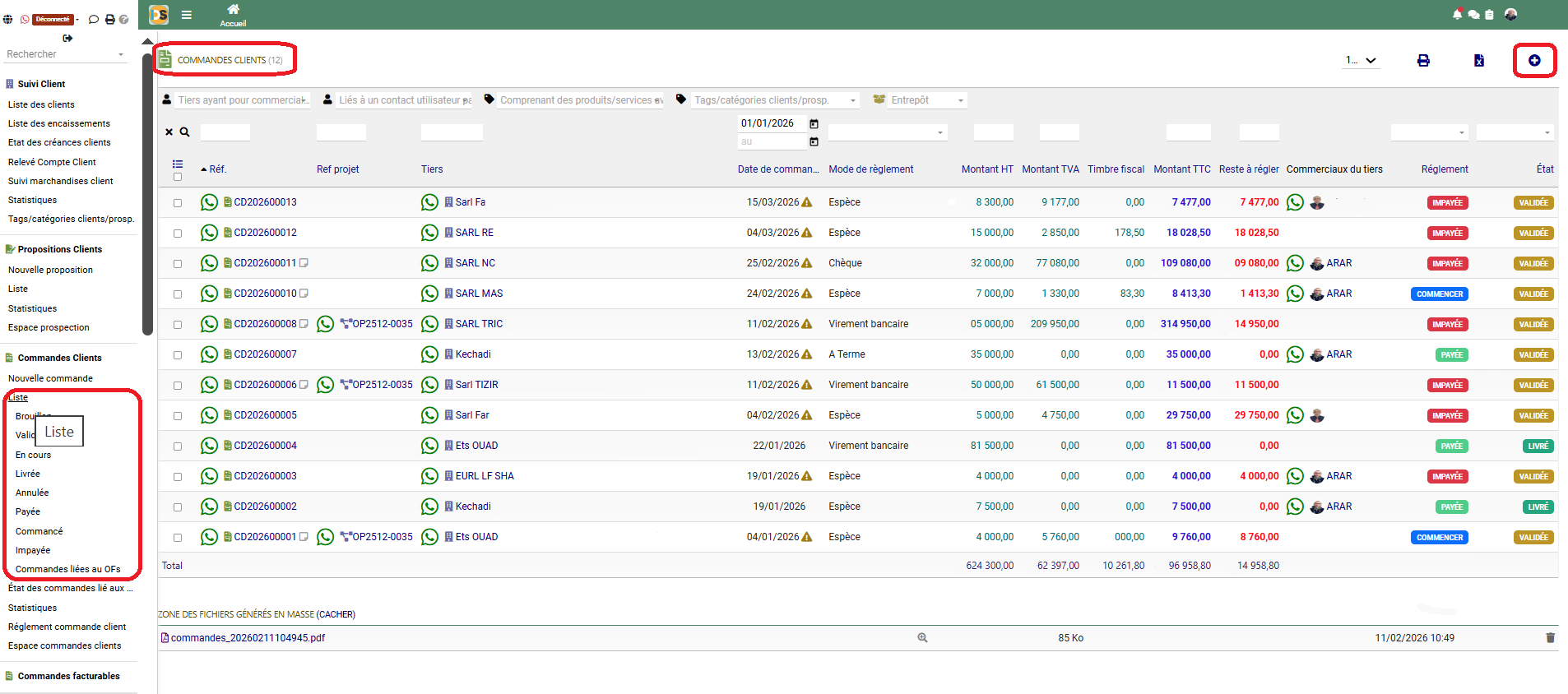 Liste des commandes clients