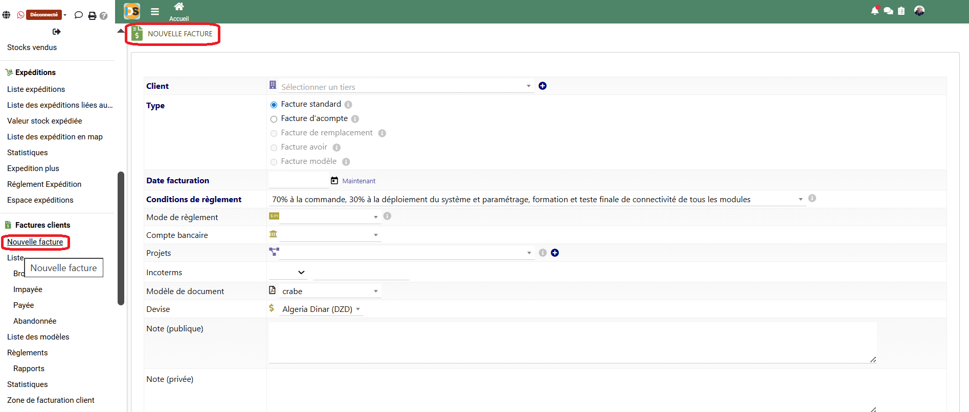 Nouvelle facture client