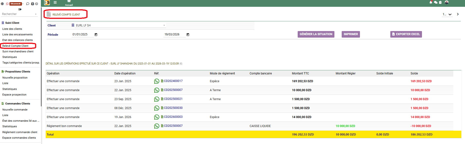 Relevé compte client